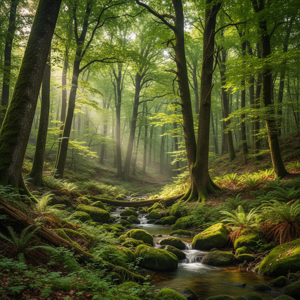 Pemandangan hutan hijau yang tenang