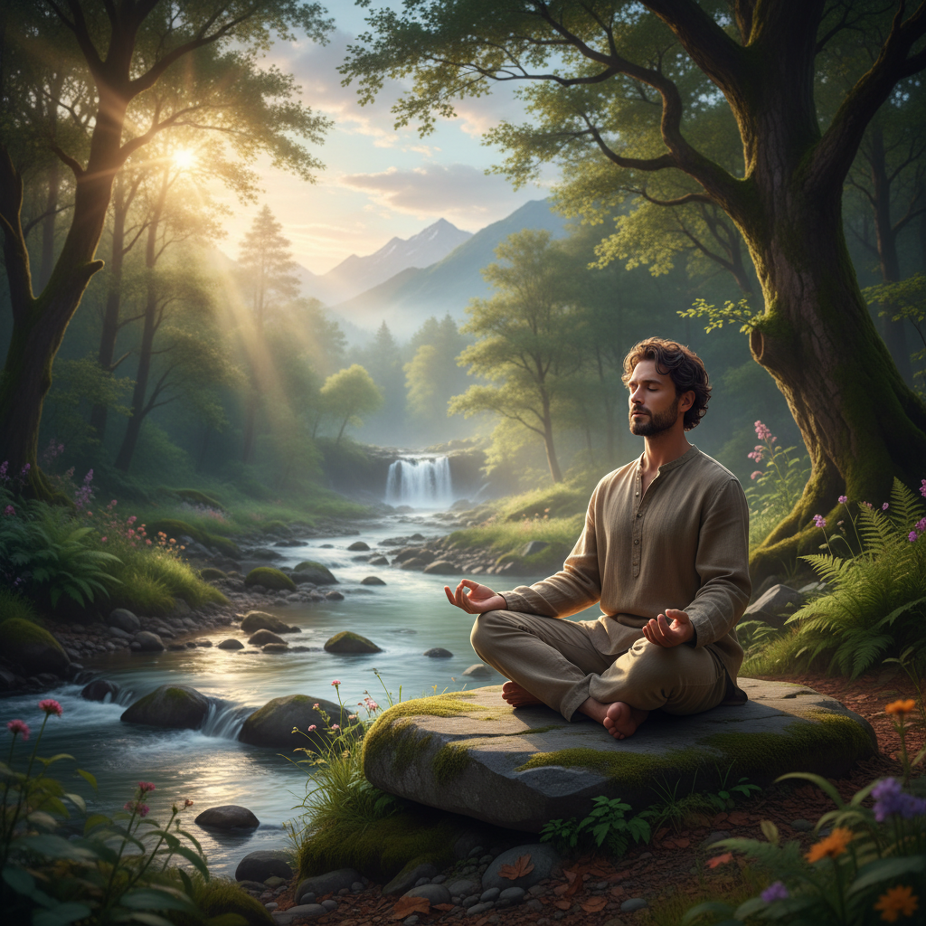 Pria bermeditasi dengan tenang di alam terbuka