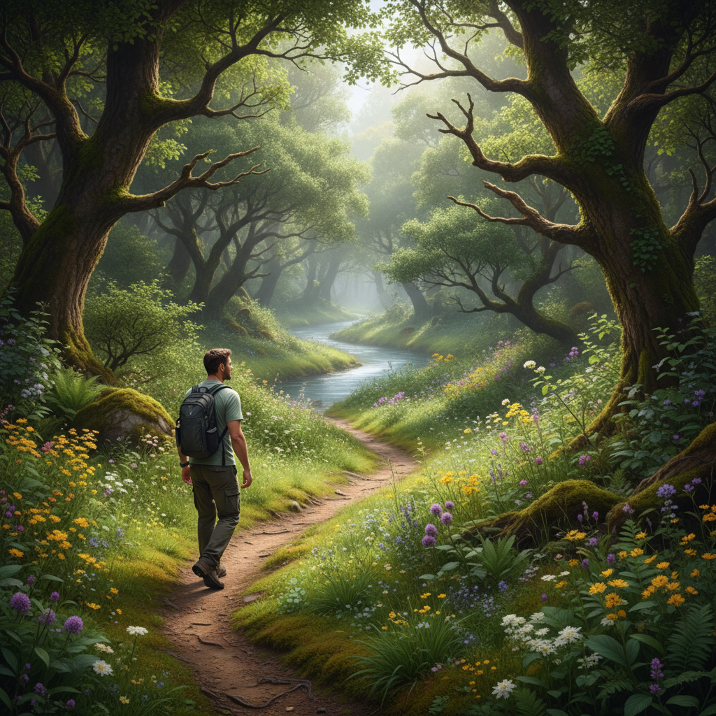 Pria berjalan di jalur alam yang hijau dan tenang