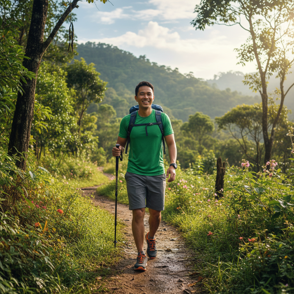 Pria aktif berjalan di alam terbuka yang hijau
